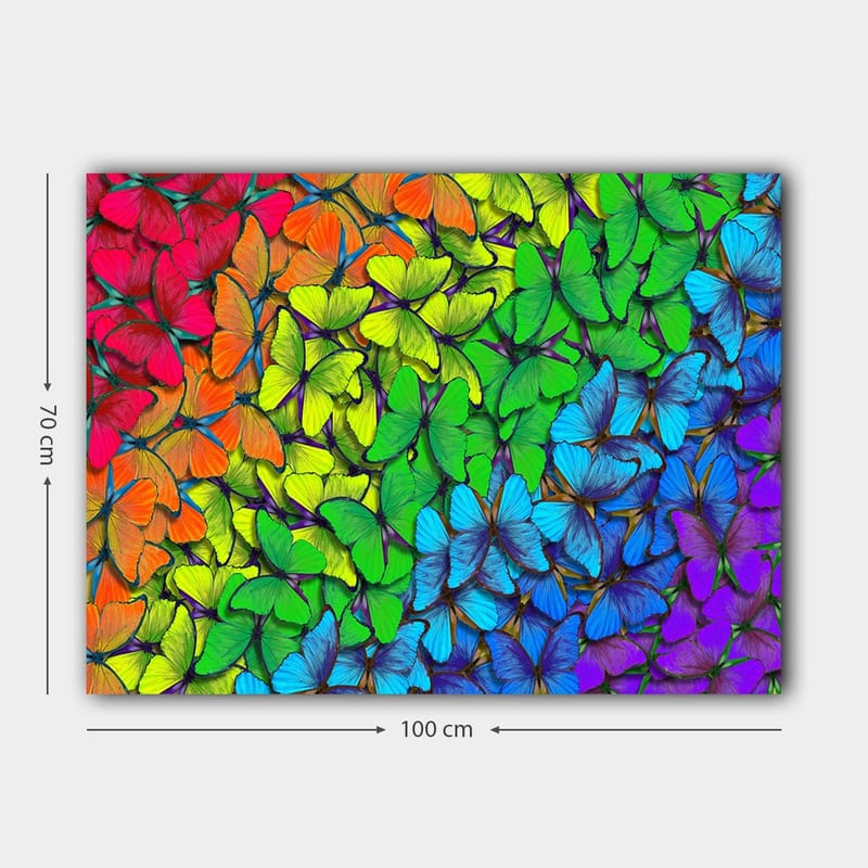 Lerretsbilde 70x100 cm - Fargerik samling av sommerfugler i forskjellige nyanser som skaper en levende og harmonisk komposisjon - Grønn / Blå / Oransje - Innredning - Bilder & kunst - Lerretsbilder