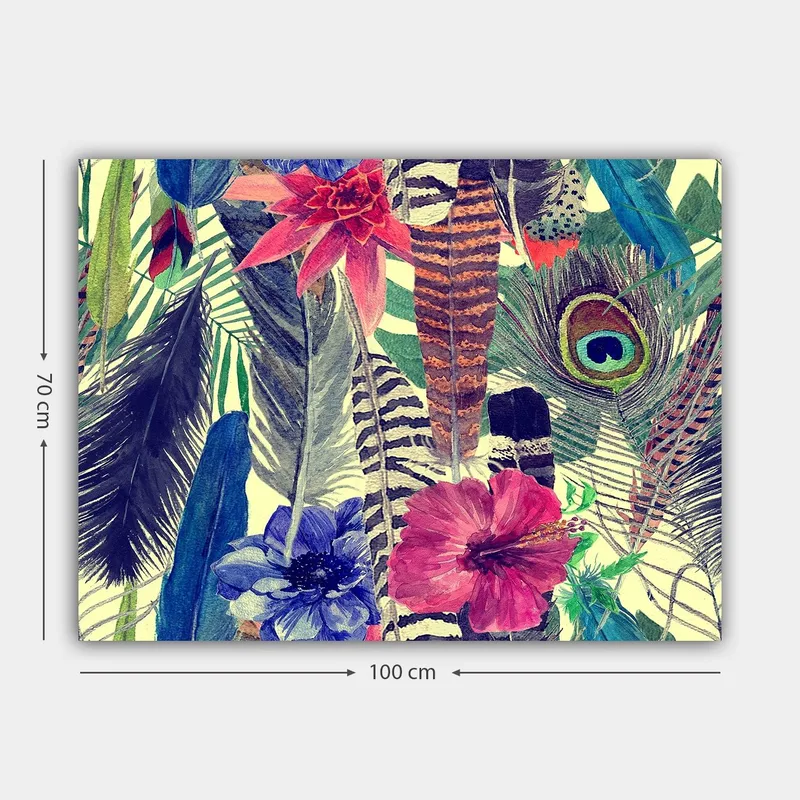 Lerretsbilde 70x100 cm - Fargerik samling av tropiske blomster og fjær - Grønn / Rosa / Blå - Innredning - Bilder & kunst - Lerretsbilder