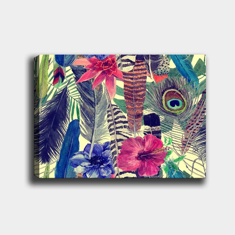 Lerretsbilde 70x100 cm - Fargerik samling av tropiske blomster og fjær - Grønn / Rosa / Blå - Innredning - Bilder & kunst - Lerretsbilder
