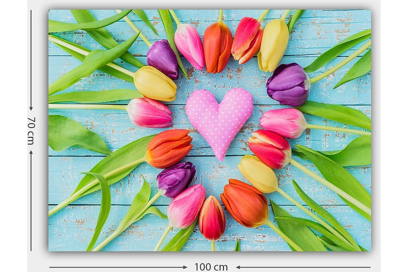 Lerretsbilde 70x100 cm - Fargerik samling av tulipaner formet som et hjerte med rosa ornament i midten - Rosa / Lilla / Oransje - Innredning - Bilder & kunst - Lerretsbilder
