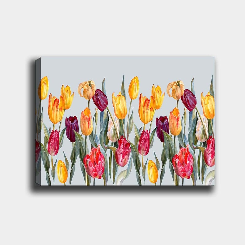 Lerretsbilde 70x100 cm - Fargerik samling av tulipaner i forskjellige nyanser, Gul / Rød / Lilla