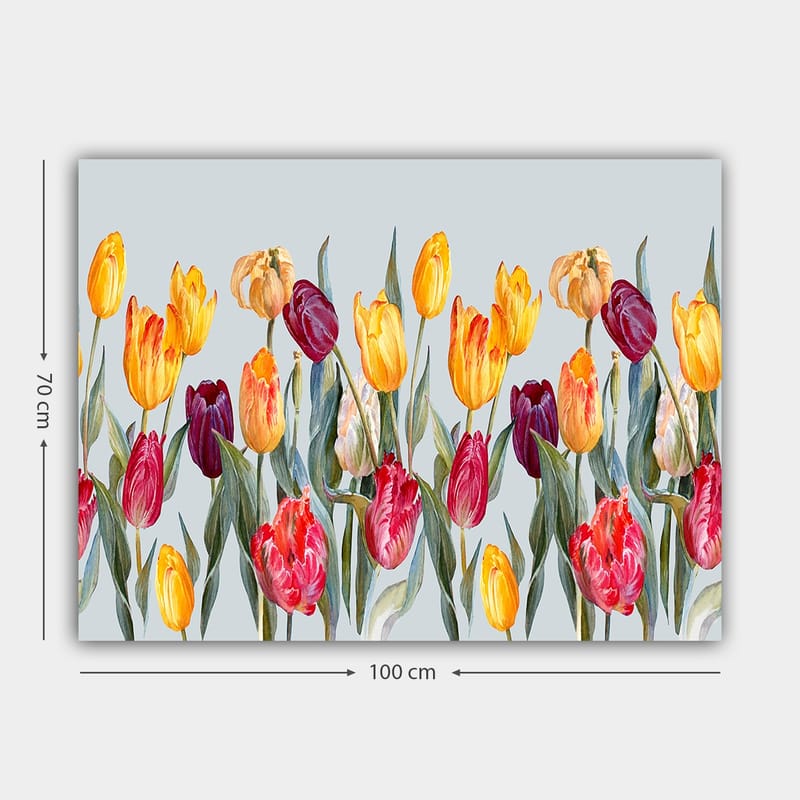 Lerretsbilde 70x100 cm - Fargerik samling av tulipaner i forskjellige nyanser - Gul / Rød / Lilla - Innredning - Bilder & kunst - Lerretsbilder