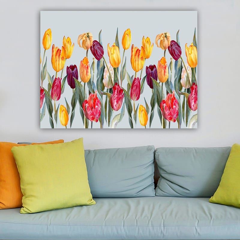 Lerretsbilde 70x100 cm - Fargerik samling av tulipaner i forskjellige nyanser - Gul / Rød / Lilla - Innredning - Bilder & kunst - Lerretsbilder