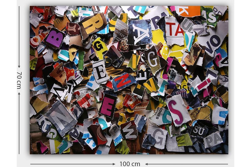 Lerretsbilde 70x100 cm - Fargerik samling av utskårne bokstaver og ord i forskjellige fonter og størrelser - Gul / Rød / Blå - Innredning - Bilder & kunst - Lerretsbilder
