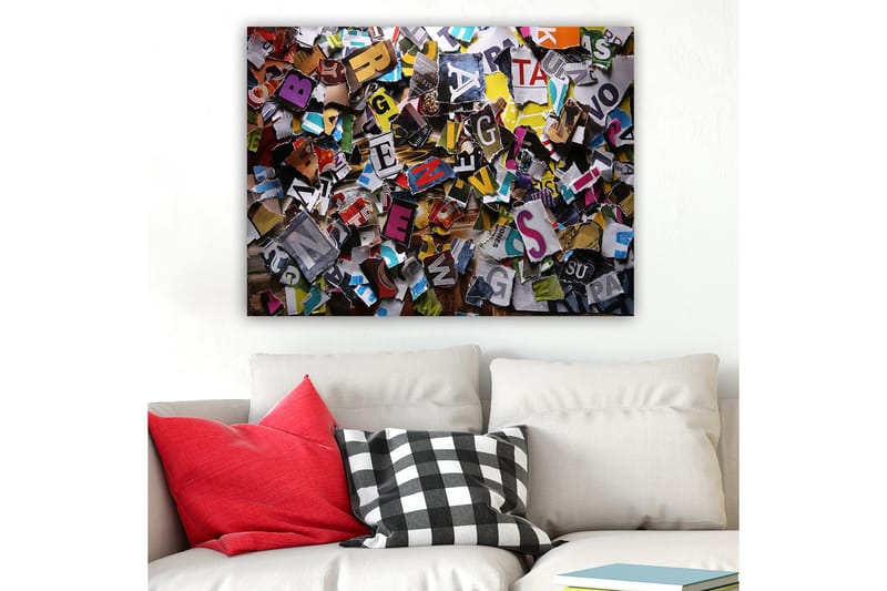 Lerretsbilde 70x100 cm - Fargerik samling av utskårne bokstaver og ord i forskjellige fonter og størrelser - Gul / Rød / Blå - Innredning - Bilder & kunst - Lerretsbilder