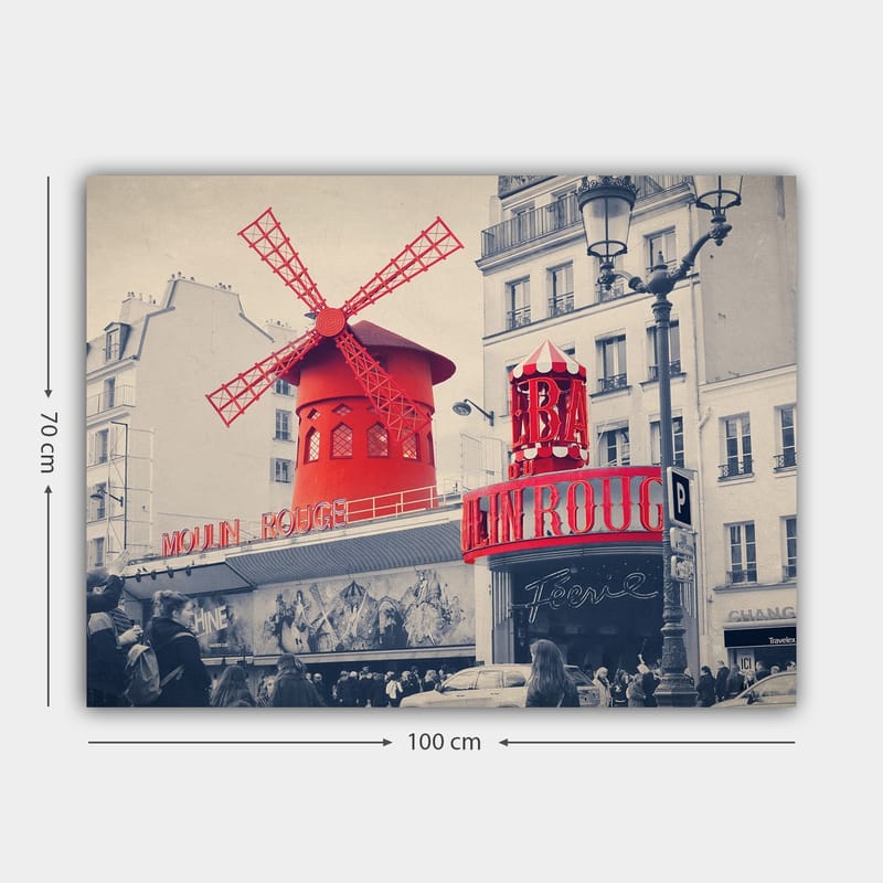 Lerretsbilde 70x100 cm - Fargerik skildring av Moulin Rouge med den karakteristiske røde vindmøllen - Rød / Svart / Grå - Innredning - Bilder & kunst - Lerretsbilder