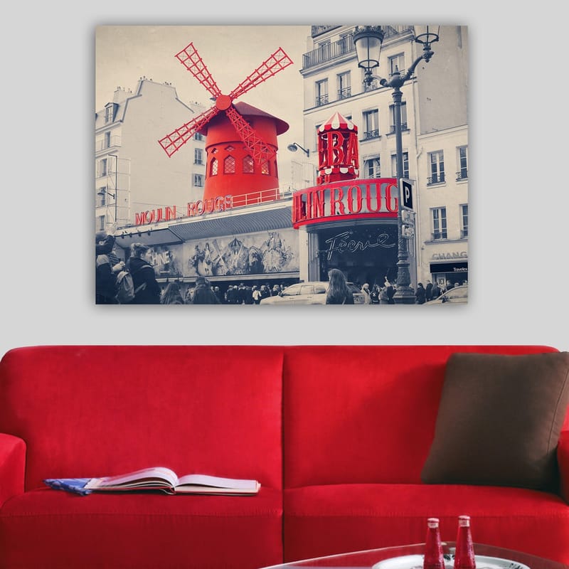 Lerretsbilde 70x100 cm - Fargerik skildring av Moulin Rouge med den karakteristiske røde vindmøllen - Rød / Svart / Grå - Innredning - Bilder & kunst - Lerretsbilder