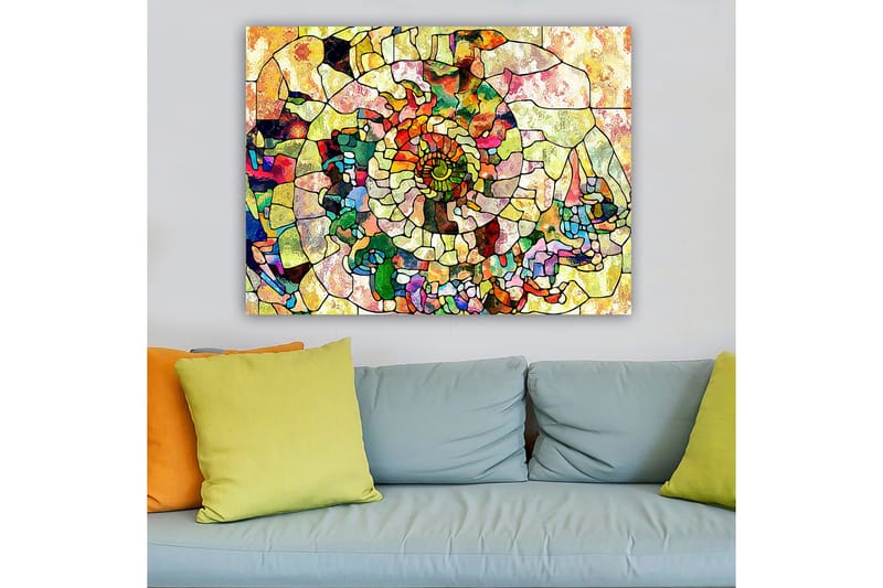 Lerretsbilde 70x100 cm - Fargerik skjell med geometriske mønstre og spiraldetaljer - Grønn / Rød / Gul - Innredning - Bilder & kunst - Lerretsbilder