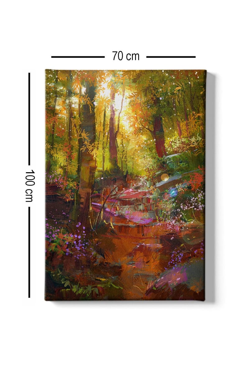 Lerretsbilde 70x100 cm - Fargerik skogscene med en svingete sti og blomster som blomstrer i lyset - Grønn / Oransje / Lilla - Innredning - Bilder & kunst - Lerretsbilder
