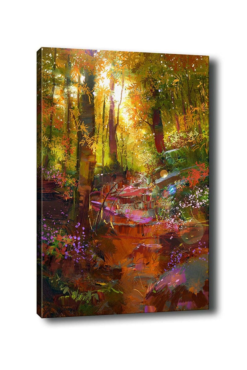 Lerretsbilde 70x100 cm - Fargerik skogscene med en svingete sti og blomster som blomstrer i lyset, Grønn / Oransje / Lilla