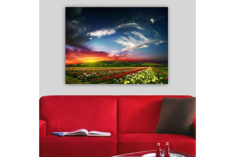 Lerretsbilde 70x100 cm - Fargerik solnedgang over et blomsterfelt med varierende blomster i forgrunnen - Rød / Gul / Grønn - Innredning - Bilder & kunst - Lerretsbilder
