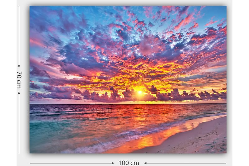 Lerretsbilde 70x100 cm - Fargerik solnedgang over havet med dramatiske skyer - Lilla / Oransje / Blå - Innredning - Bilder & kunst - Lerretsbilder