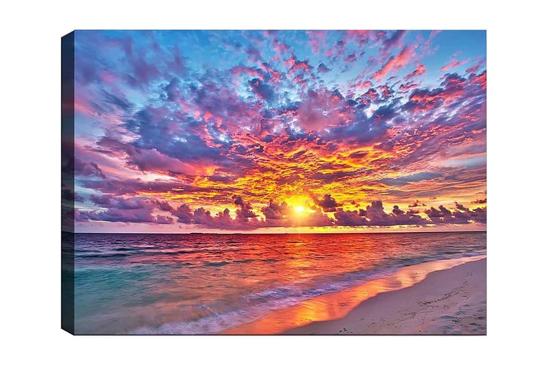 Lerretsbilde 70x100 cm - Fargerik solnedgang over havet med dramatiske skyer, Lilla / Oransje / Blå