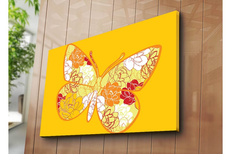 Lerretsbilde 70x100 cm - Fargerik sommerfugl med blomstermotiv i livlige nyanser - Gul / Oransje / Rød - Innredning - Bilder & kunst - Lerretsbilder
