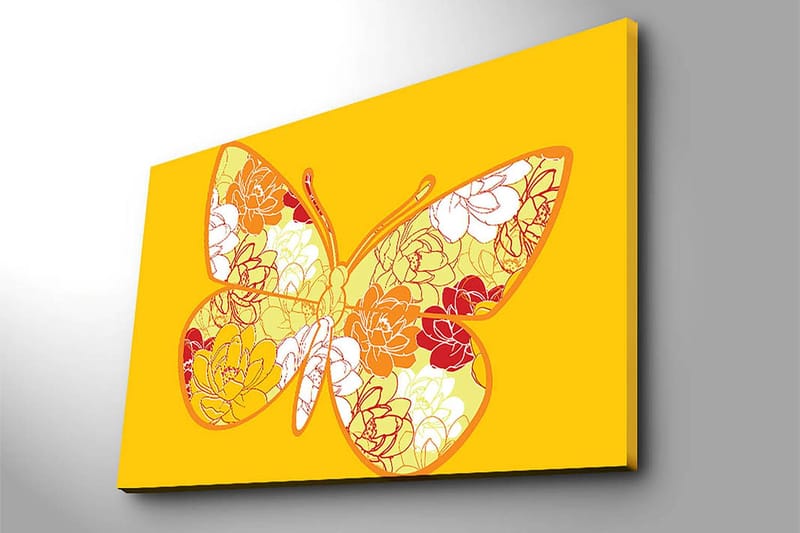 Lerretsbilde 70x100 cm - Fargerik sommerfugl med blomstermotiv i livlige nyanser - Gul / Oransje / Rød - Innredning - Bilder & kunst - Lerretsbilder