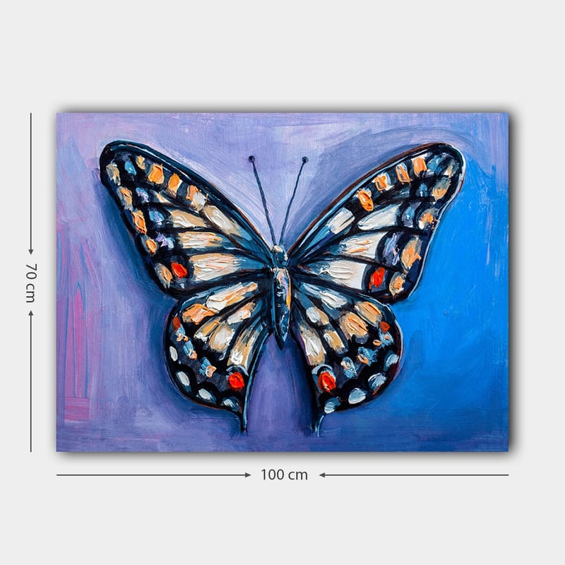 Lerretsbilde 70x100 cm - Fargerik sommerfugl med detaljerte mønstre i vingene - Blå / Oransje / Svart - Innredning - Bilder & kunst - Lerretsbilder