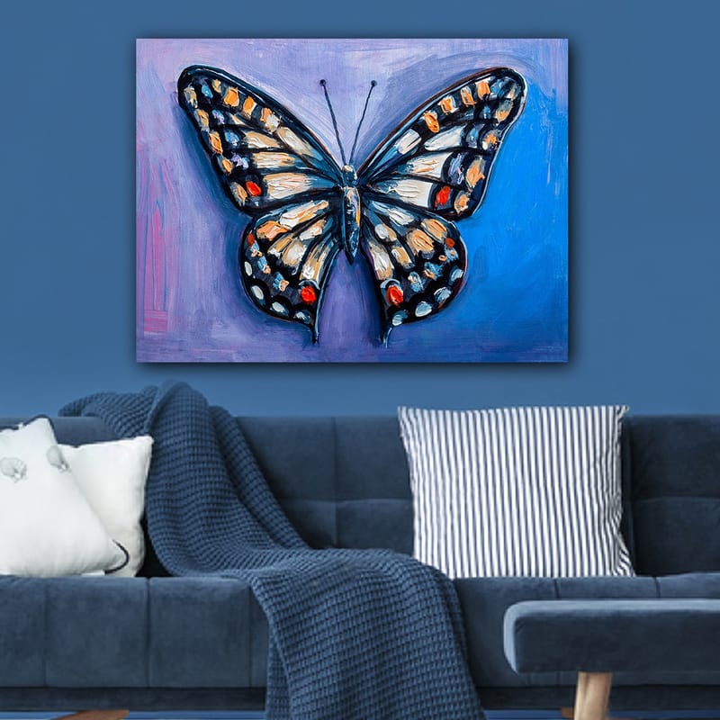 Lerretsbilde 70x100 cm - Fargerik sommerfugl med detaljerte mønstre i vingene - Blå / Oransje / Svart - Innredning - Bilder & kunst - Lerretsbilder
