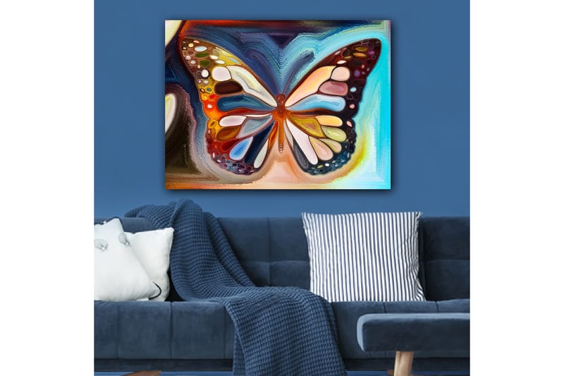 Lerretsbilde 70x100 cm - Fargerik sommerfugl med detaljerte vinger i forskjellige nyanser - Oransje / Blå / Hvit - Innredning - Bilder & kunst - Lerretsbilder