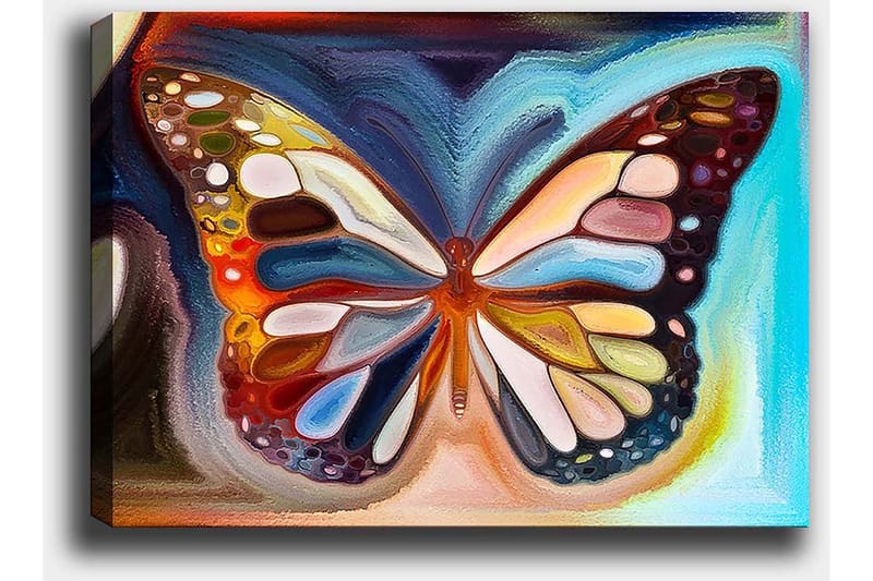 Lerretsbilde 70x100 cm - Fargerik sommerfugl med detaljerte vinger i forskjellige nyanser - Oransje / Blå / Hvit - Innredning - Bilder & kunst - Lerretsbilder