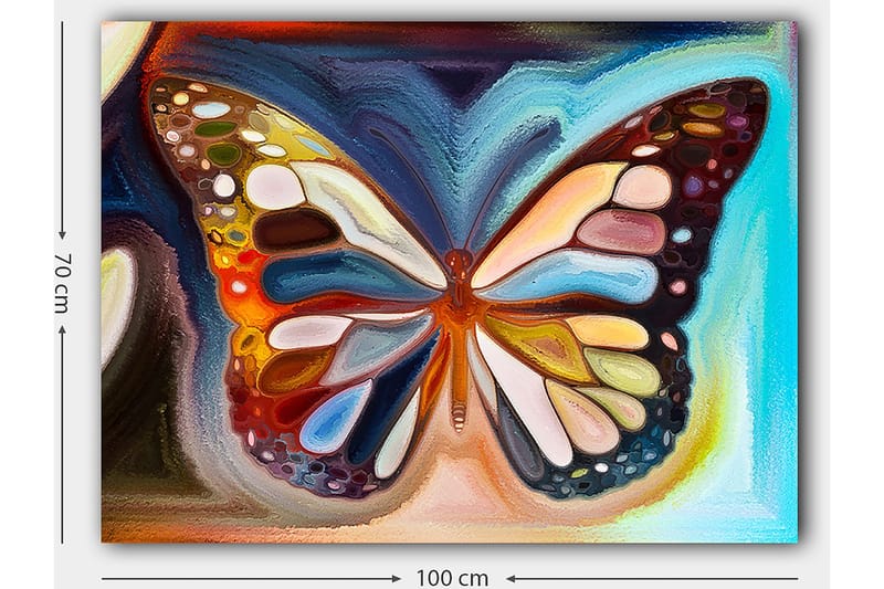 Lerretsbilde 70x100 cm - Fargerik sommerfugl med detaljerte vinger i forskjellige nyanser - Oransje / Blå / Hvit - Innredning - Bilder & kunst - Lerretsbilder