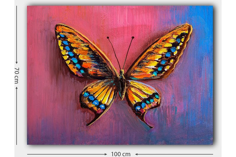 Lerretsbilde 70x100 cm - Fargerik sommerfugl med detaljerte vinger i oransje og blått - Oransje / Blå / Lilla - Innredning - Bilder & kunst - Lerretsbilder