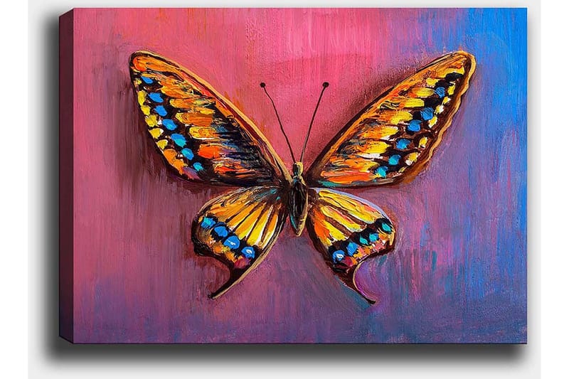 Lerretsbilde 70x100 cm - Fargerik sommerfugl med detaljerte vinger i oransje og blått - Oransje / Blå / Lilla - Innredning - Bilder & kunst - Lerretsbilder
