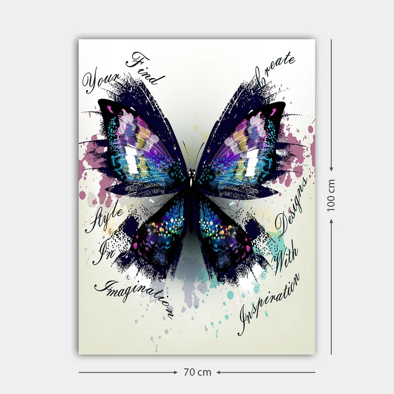 Lerretsbilde 70x100 cm - Fargerik sommerfugl med detaljerte vinger som symboliserer kreativitet og inspirasjon - Lilla / Blå / Svart - Innredning - Bilder & kunst - Lerretsbilder