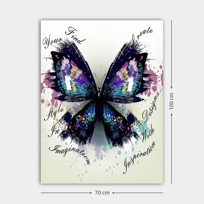 Lerretsbilde 70x100 cm - Fargerik sommerfugl med detaljerte vinger som symboliserer kreativitet og inspirasjon - Lilla / Blå / Svart - Innredning - Bilder & kunst - Lerretsbilder