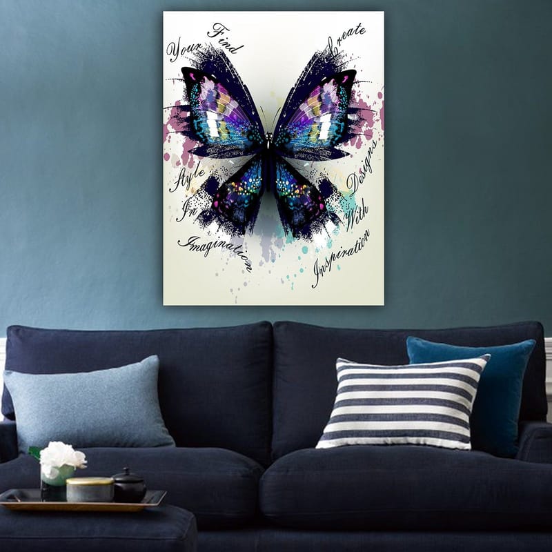 Lerretsbilde 70x100 cm - Fargerik sommerfugl med detaljerte vinger som symboliserer kreativitet og inspirasjon - Lilla / Blå / Svart - Innredning - Bilder & kunst - Lerretsbilder