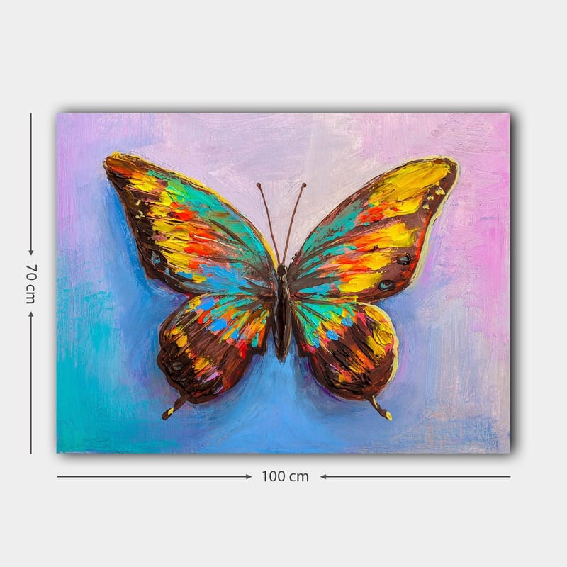 Lerretsbilde 70x100 cm - Fargerik sommerfugl med detaljerte vinger - Turkis / Gul / Rød - Innredning - Bilder & kunst - Lerretsbilder