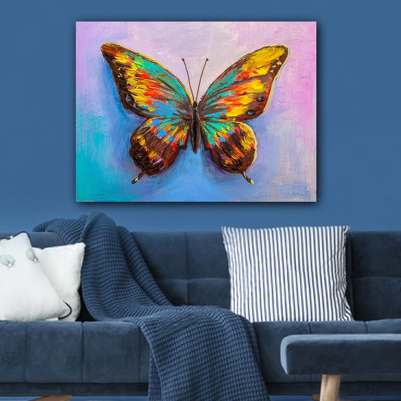 Lerretsbilde 70x100 cm - Fargerik sommerfugl med detaljerte vinger - Turkis / Gul / Rød - Innredning - Bilder & kunst - Lerretsbilder