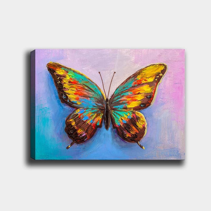 Lerretsbilde 70x100 cm - Fargerik sommerfugl med detaljerte vinger, Turkis / Gul / Rød