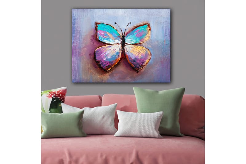 Lerretsbilde 70x100 cm - Fargerik sommerfugl med vakre mønstre, Turkis / Lilla / Oransje
