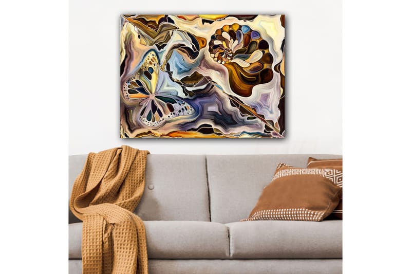 Lerretsbilde 70x100 cm - Fargerik sommerfugl og skjell som flyter i en abstrakt komposisjon - Gull / Blå / Brun - Innredning - Bilder & kunst - Lerretsbilder