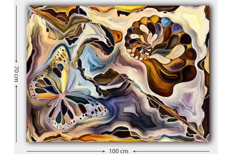 Lerretsbilde 70x100 cm - Fargerik sommerfugl og skjell som flyter i en abstrakt komposisjon - Gull / Blå / Brun - Innredning - Bilder & kunst - Lerretsbilder
