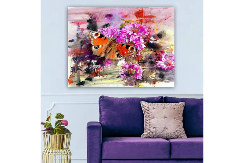 Lerretsbilde 70x100 cm - Fargerik sommerfugl sittende på blomster i en abstrakt komposisjon - Oransje / Rosa / Brun - Innredning - Bilder & kunst - Lerretsbilder