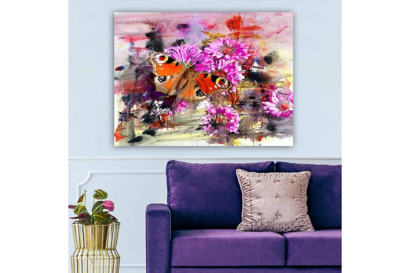 Lerretsbilde 70x100 cm - Fargerik sommerfugl sittende på blomster i en abstrakt komposisjon - Oransje / Rosa / Brun - Innredning - Bilder & kunst - Lerretsbilder