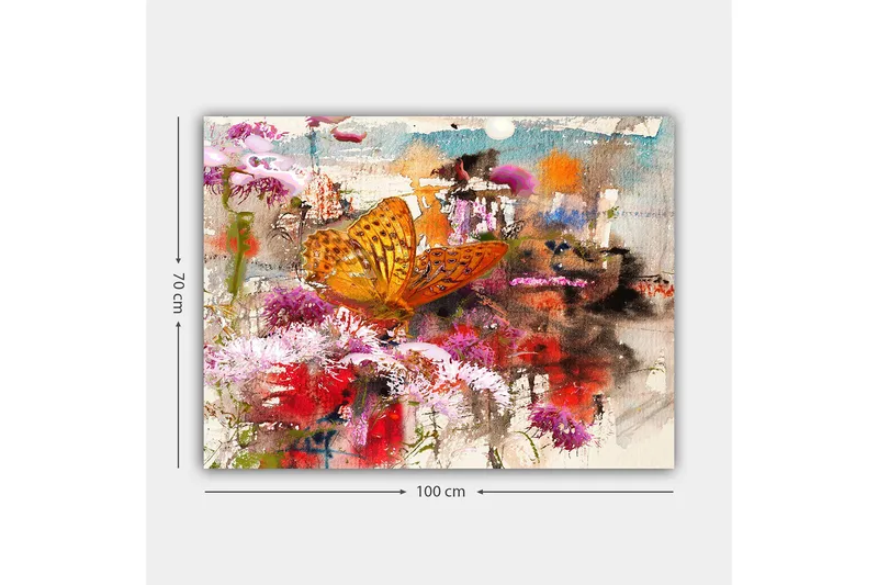 Lerretsbilde 70x100 cm - Fargerik sommerfugl som sitter på blomster i et levende og abstrakt naturmiljø - Oransje / Rosa / Rød - Innredning - Bilder & kunst - Lerretsbilder