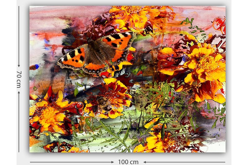 Lerretsbilde 70x100 cm - Fargerik sommerfugl som sitter på blomster i en livlig hage - Oransje / Gul / Grønn - Innredning - Bilder & kunst - Lerretsbilder
