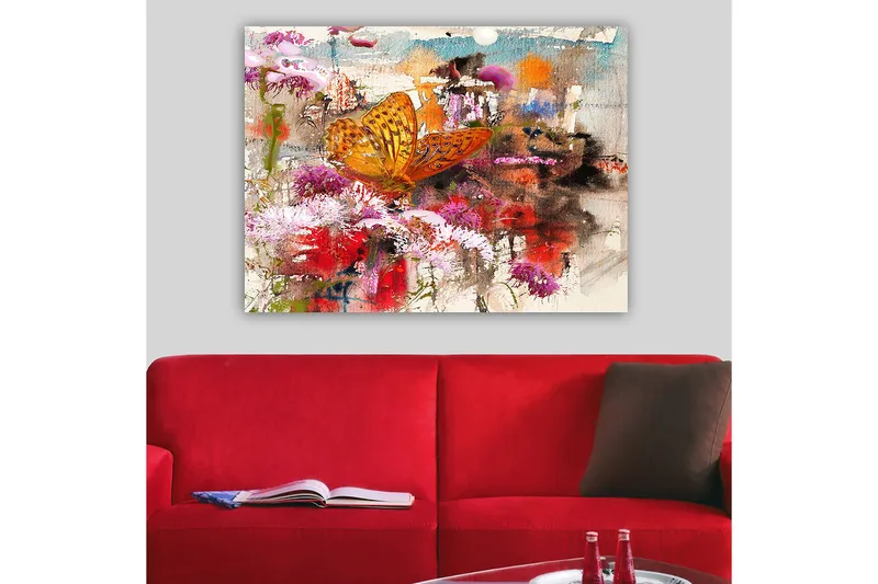 Lerretsbilde 70x100 cm - Fargerik sommerfugl som sitter på blomster i et levende og abstrakt naturmiljø - Oransje / Rosa / Rød - Innredning - Bilder & kunst - Lerretsbilder