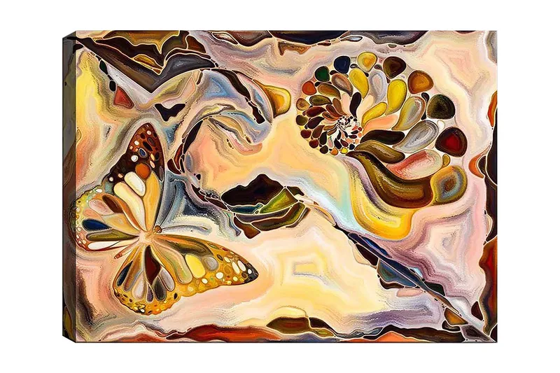 Lerretsbilde 70x100 cm - Fargerik sommerfugl som svever over en spiralstruktur i myke, organiske former, Gull / Brun / Oransje