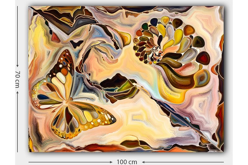 Lerretsbilde 70x100 cm - Fargerik sommerfugl som svever over en spiralstruktur i myke, organiske former - Gull / Brun / Oransje - Innredning - Bilder & kunst - Lerretsbilder