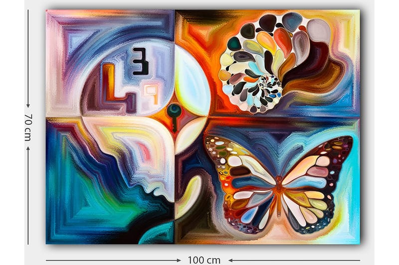 Lerretsbilde 70x100 cm - Fargerik sommerfugl som symboliserer transformasjon, omgitt av abstrakte former og mønstre - Blå / Oransje / Hvit - Innredning - Bilder & kunst - Lerretsbilder