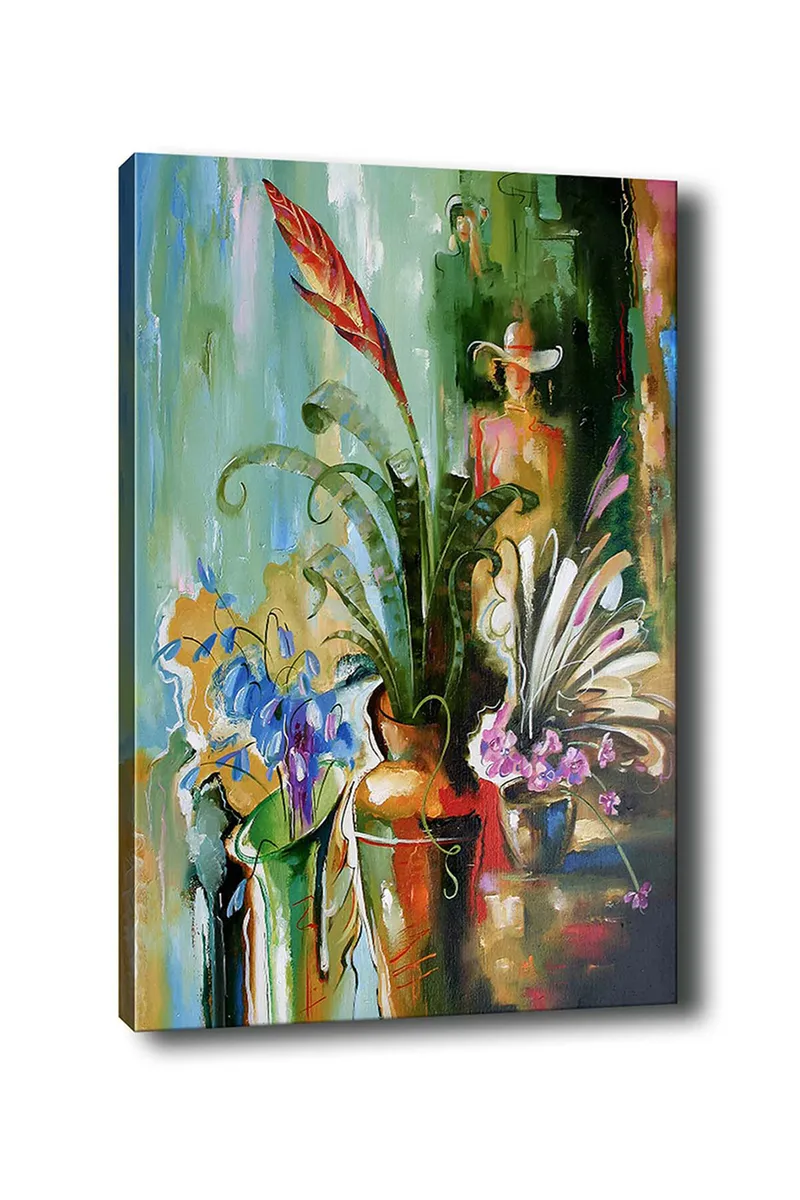 Lerretsbilde 70x100 cm - Fargerik stillhet med blomster og planter i vaser - Grønn / Rød / Lilla - Innredning - Bilder & kunst - Lerretsbilder