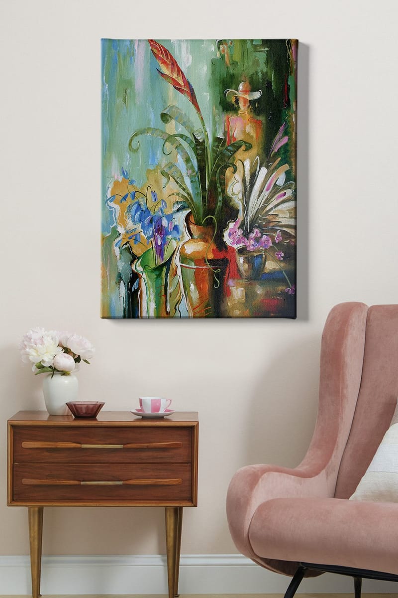 Lerretsbilde 70x100 cm - Fargerik stillhet med blomster og planter i vaser - Grønn / Rød / Lilla - Innredning - Bilder & kunst - Lerretsbilder