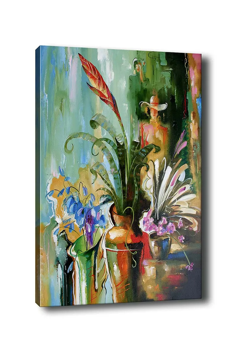 Lerretsbilde 70x100 cm - Fargerik stillhet med blomster og planter i vaser, Grønn / Rød / Lilla