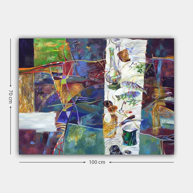 Lerretsbilde 70x100 cm - Fargerik stillhet med et dekket bord som viser forskjellige gjenstander og mat - Grønn / Blå / Lilla - Innredning - Bilder & kunst - Lerretsbilder