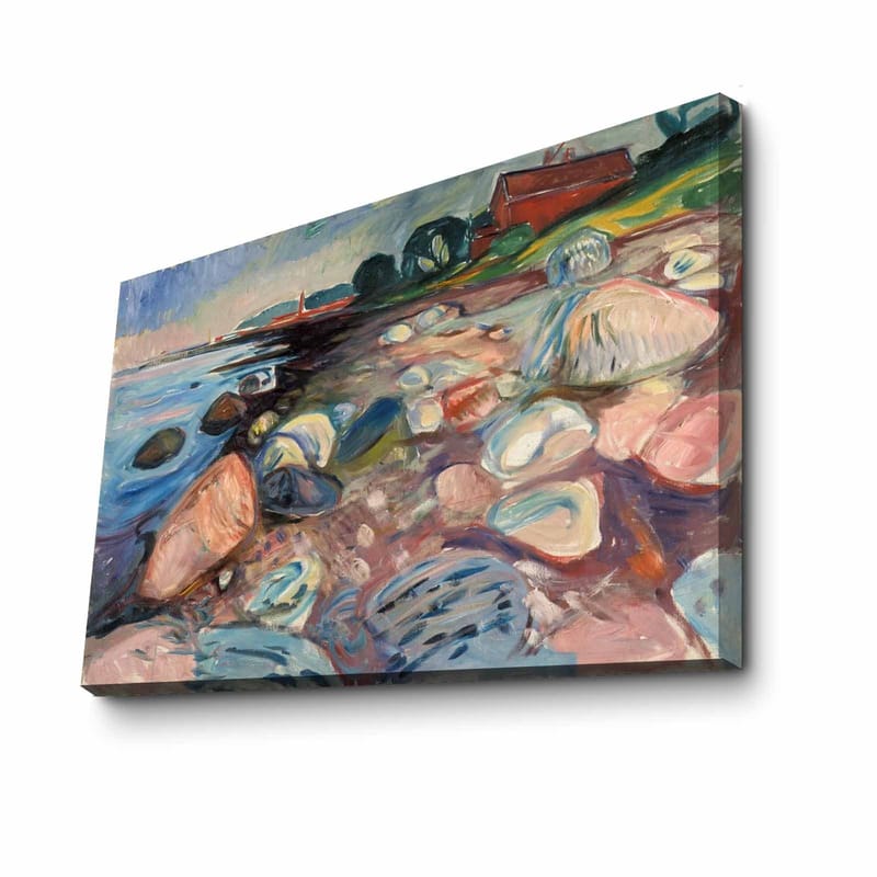 Lerretsbilde 70x100 cm - Fargerik strandscene med steiner og en rød hytte i bakgrunnen - Blå / Rosa / Grønn - Innredning - Bilder & kunst - Lerretsbilder