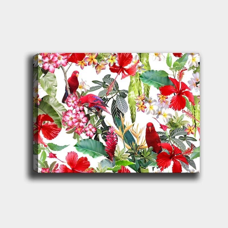 Lerretsbilde 70x100 cm - Fargerik tropisk flora med røde papegøyer og blomster, Rød / Grønn / Rosa