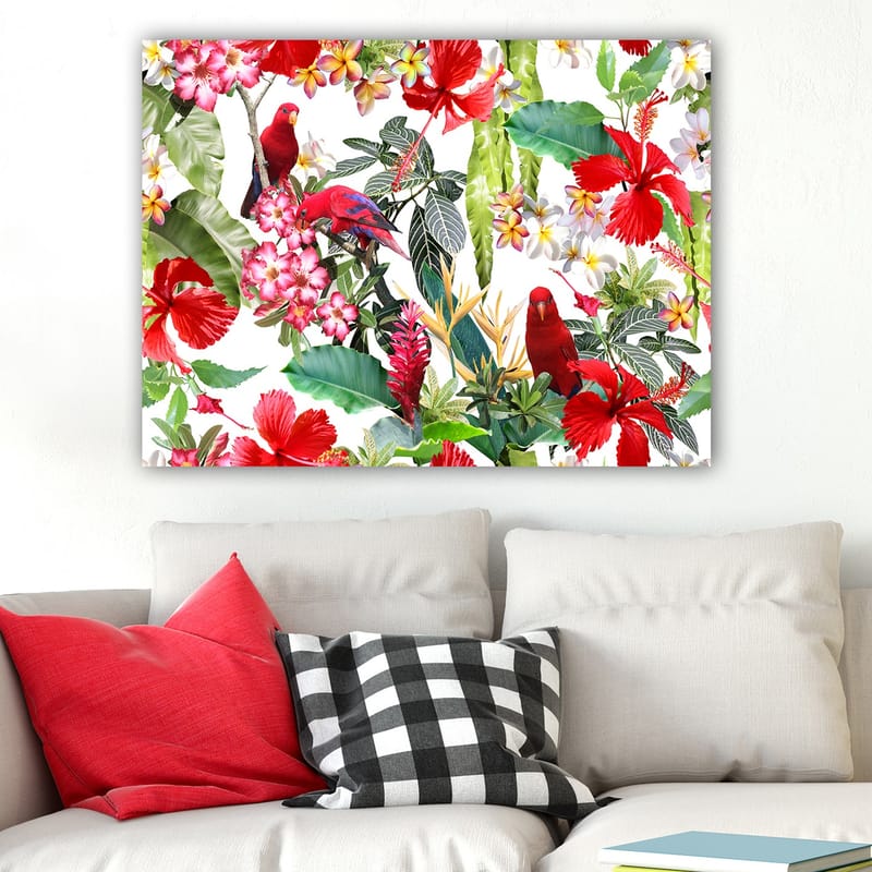 Lerretsbilde 70x100 cm - Fargerik tropisk flora med røde papegøyer og blomster - Rød / Grønn / Rosa - Innredning - Bilder & kunst - Lerretsbilder